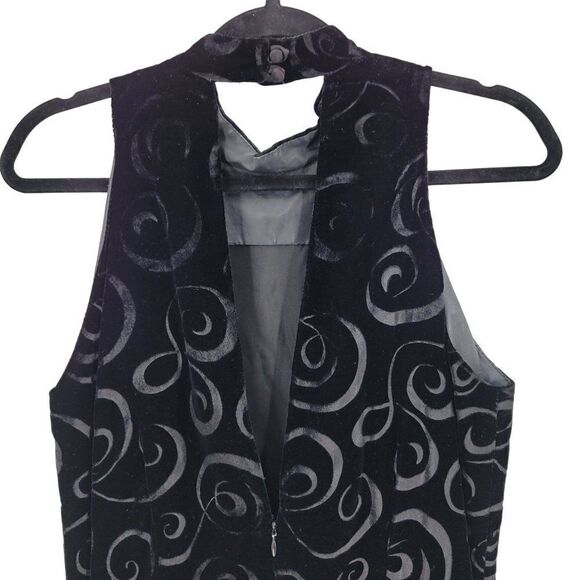 Vintage 80s Black Burnout Velvet Gown 10 Sleeveless Open Back Chocker Midi Swirl - Picture 7 of 15
